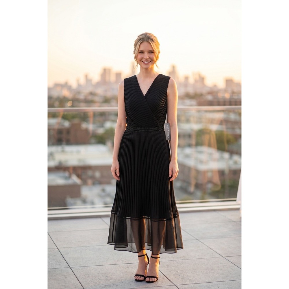 Kay Unger Navy Blue Pleated V-Neck Sleeveless Midi Dress Sheer Hem Formal